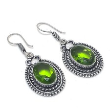 Green Peridot Gemstone Handmade 925 Sterling Silver Jewelry Earrings Size 1.4"