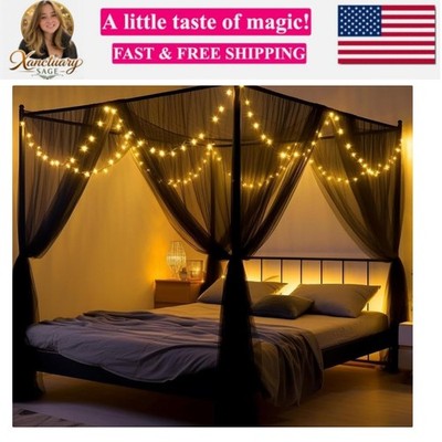 Mosquito Net Bed Canopy with 66ft LED Star String Lights, Black Netting Four ...
