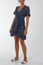 QED LONDON LADIES NAVY SPOT WRAP MINI DRESS SIZE 8 NEW (ref 175)