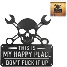 This Is My Happy Place Metal Wall Art Sign Skull & Wrench Garage Door Wall Decor