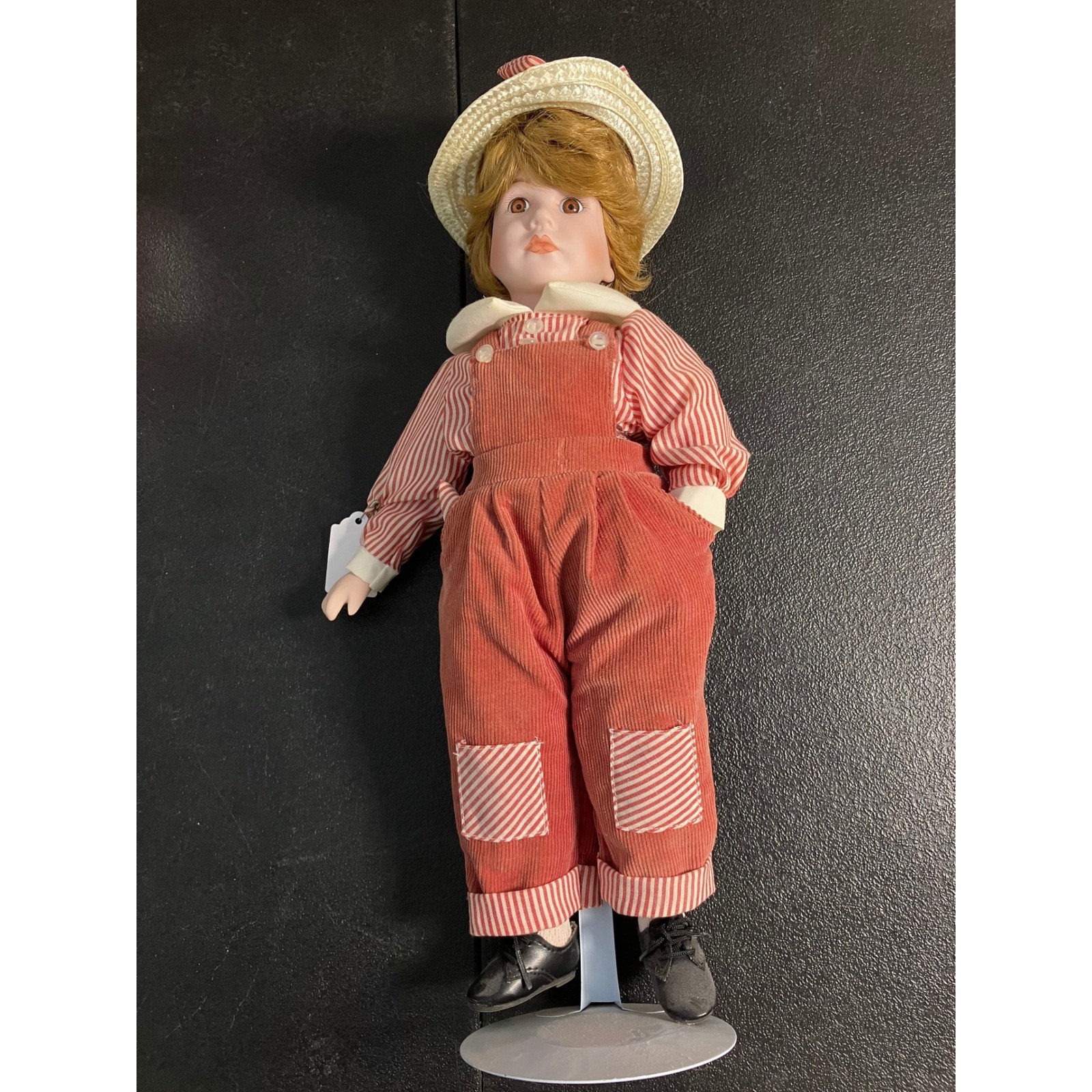Vintage Porcelain Doll Red Corduroy Overalls Straw Hat Striped Shirt with Stand