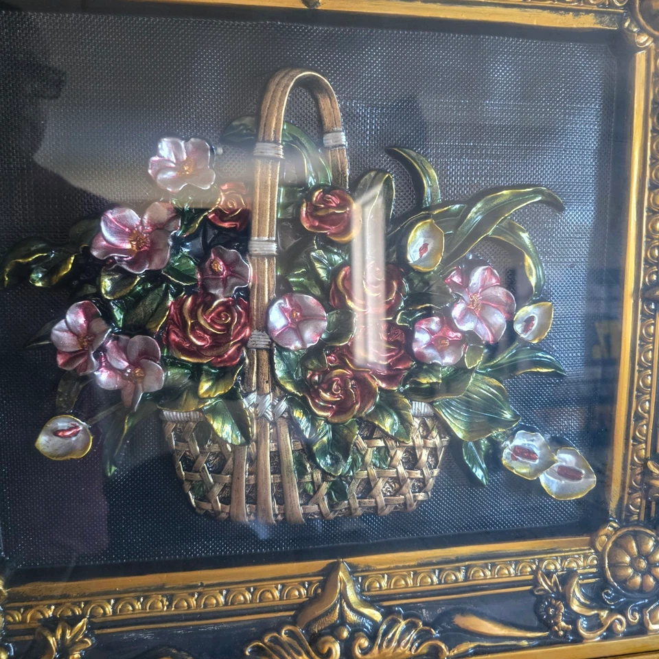 3D Floral Basket Relief Wall Art Framed Shadow Box Ornate Gold Frame Gilt Square - Image 2 of 4