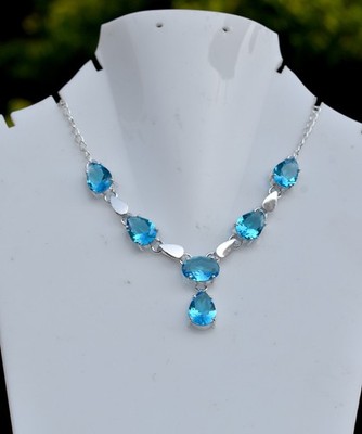 Premium Teardrop  Gem Luxury Swiss Blue Topaz & Silver Accent Necklace Jewelry ''