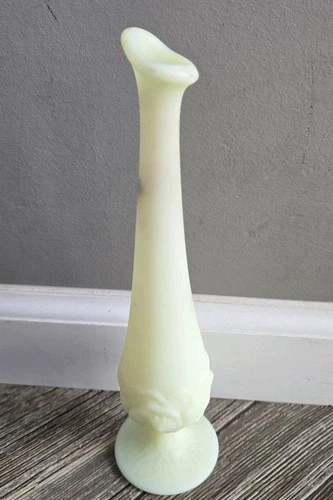 Fenton Custard Satin Uranium Glass Footed Swung Bud Vase 11" w/ Flower leaf