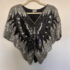 Vintage Beaded Silk Sequin Silver and Black Butterfly Top 70s Disco