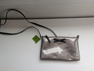 Kate Spade Amy Mavis Street Crossbody Silver Glitter Purse Handbag Black Bow Tag