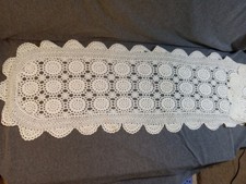 Crochet Doily Runner Ivory White 44" x 13" Floral Motifs Rectangle Knit Vintage