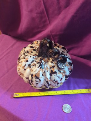7'' X 6'' Blown Glass Pumpkin, White, Black & Gold, Curly Stem