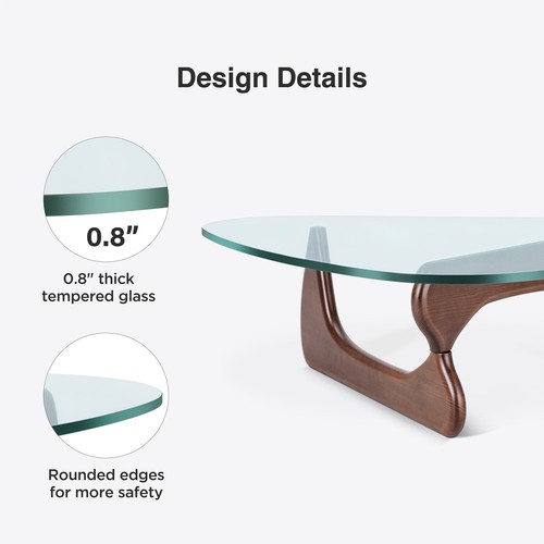 Triangle Glass Coffee Table Modern Noguchi Coffee Table 0.8 in Glass Solid Wood - Picture 10 of 59