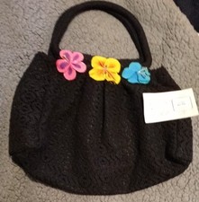 Nora Chavez Small Dark Black Purse w/Handmewn Flowers Made In Mexico 7"x10" New