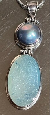 925 Sterling Silver With Druzy Aquamarine And Mobe Pearl Pendant Necklace