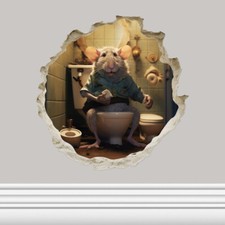 Grandfather Mouse On Toilet In Mouse Hole 3D Hole Wall Vinyl Sticker Decal