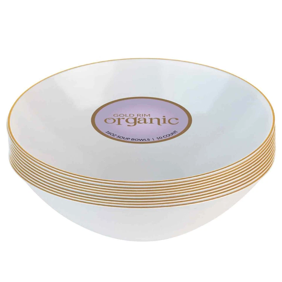 Cuencos de sopa de fiesta con diseño floral de plástico blanco de 16 oz borde dorado premium 10 unidades Foto 4 de 4