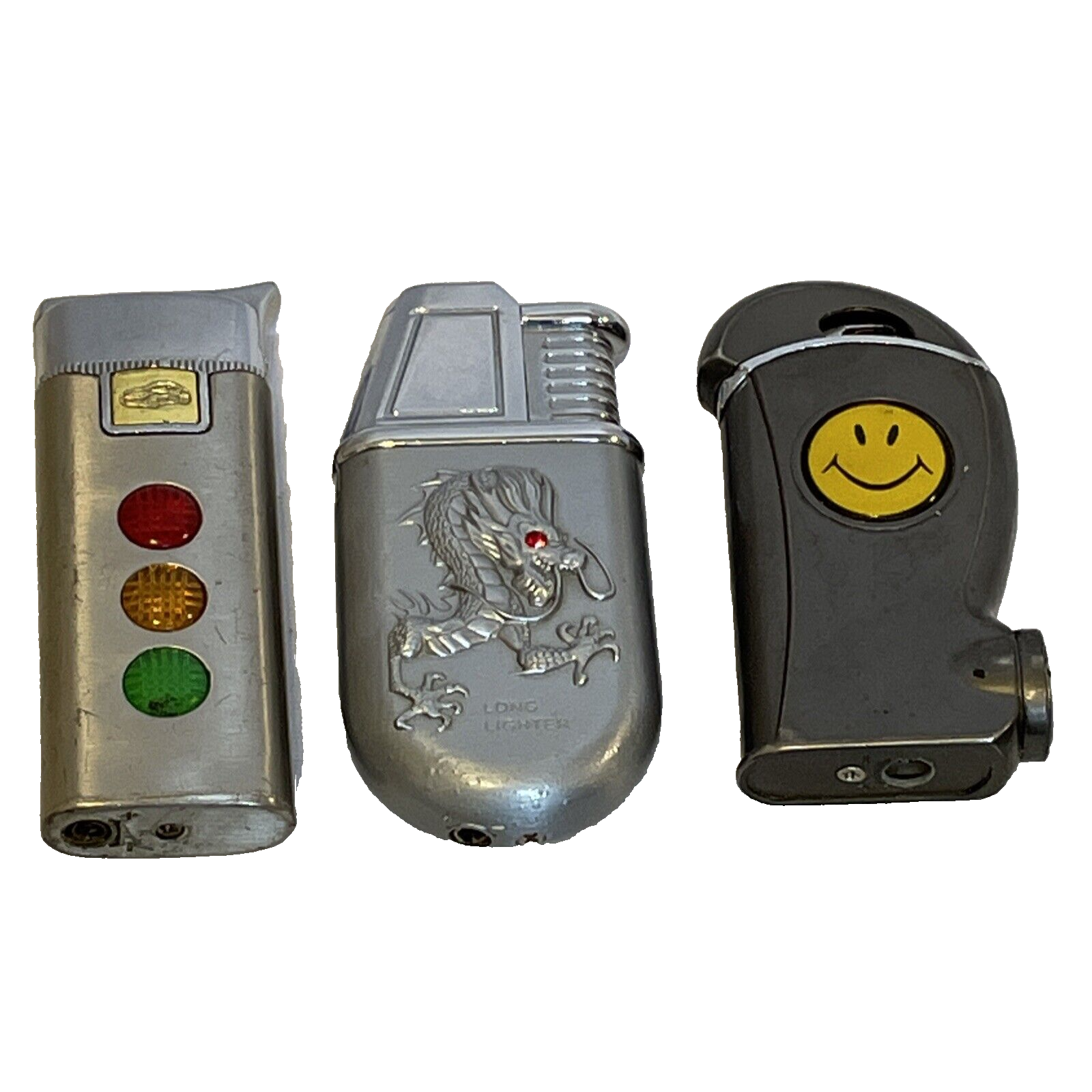 Refillable Butane Lighters Stop Light, Dragon and Smiley Lot of 3