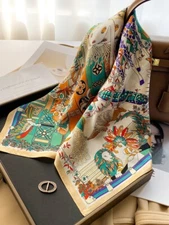 100% Silk Mulberry 26" square Scarf Women neckerchief Wrap Animal Print Green