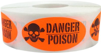 Danger Poison Labels Fluorescent Orange 1 x 2 Inch Oval 500 Total Stickers