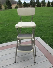 Mid-Century Cosco White Metal Fold Out Step Stool Chair Chrome Legs