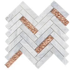 White Carrara Marble Rose Cold Glass Mosaic Tile Herringbone Kitchen Backsplash