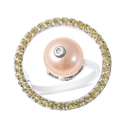 PRETTY!!  1.50ctw Edison Pink Pearl & Multigem Ring Rhodium Plated Size 7