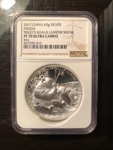 TOP POP-66 MINTED 2017 NGC PF70 60g Silver Malaysia Trigo Int'l Money Show Panda