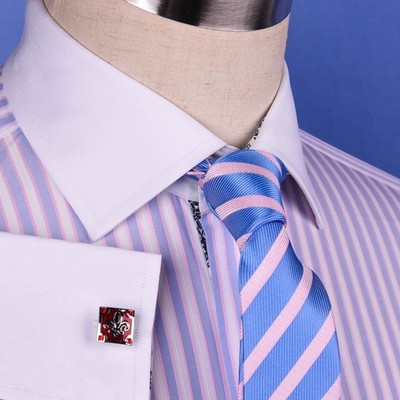 Light Purple Colored Striped Dress Shirt White Contrast Collar AndCuff Business