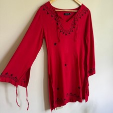 Red Boho Long Sleeve Tunic Mini Dress With Black Embroidery Size M 