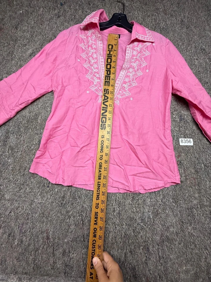 Blusa Top Túnica Talbots Rosa Floral Bordada Cuello en V Algodón Mezcla Seda 8P Foto 3 de 4