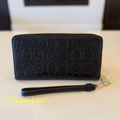Coach CEW21 Long Zip Around Wallet In Signature Leather Gold/Black