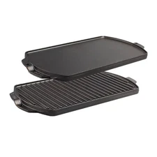 Reversible Cast Iron Grill and Griddle Pan for Stovetop and Outdoor Cooking