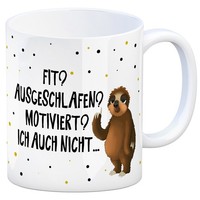 Kaffeebecher Mit Faultier Motiv Und Spruch: Fit? Ausgeschlafen? Motiviert? ...