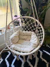 White Macramè Hanging Chair with Cushion, Solid, Indoor or outdoor Adults