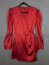 Red Satin Brocade Wrap Dress XL Mini Dress Fashion Nova Puff Sleeve V Neck