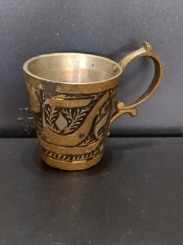 Antique Russian Silver Gilt & Niello, Etched Miniature Metal Cup