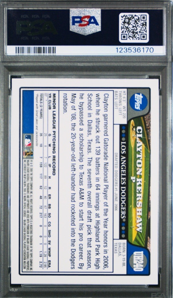 2008 Topps Update UH240 CLAYTON KERSHAW RC Rookie Card PSA 10 GEM MINT view 2