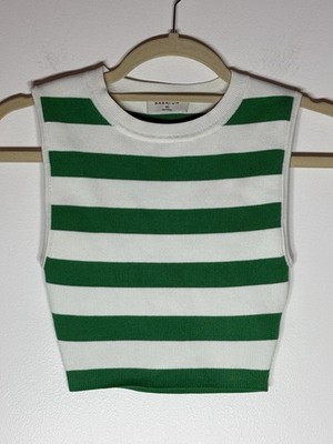 Aritzia Babaton Cropped Tank Top Green White Striped  Ribbed XS Minimalist