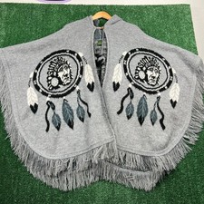 TEJIDOS IMALAYA Men's Grey Wool Hooded Poncho Sweater One Size Fringed