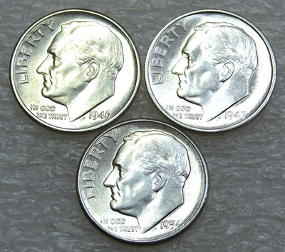 1946-S, 1947-S, 1954-S Silver Dime BU Frosty White lot of 3 coins #W255