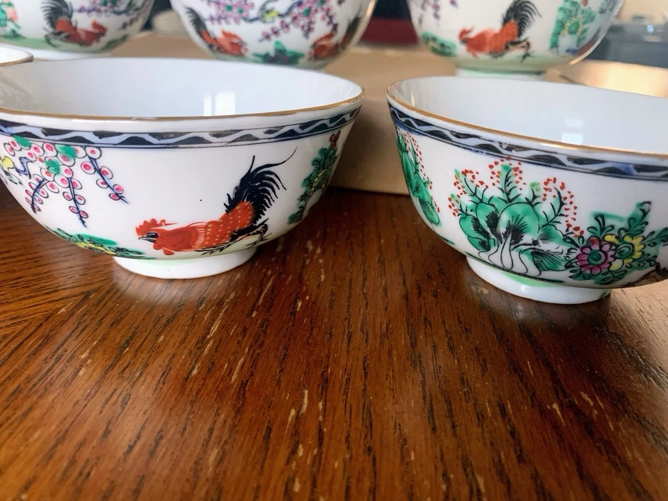 Antiguo gallo chino pintado a mano tazas de té de porcelana - años 40 - juego de 6 Foto 2 de 4