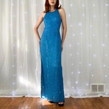 Scala Vintage Y2K 100 Silk Aqua Blue Beaded Halter Maxi Gown Formal Dress Med