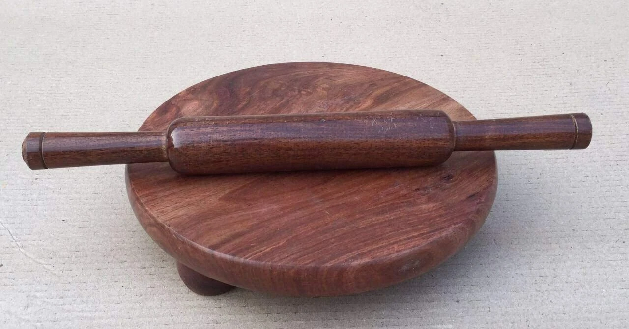 Wooden Chakla with Belan Wood Rolling Pin with Roller Board Kitchen Tool Brown