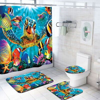 4Pcs Sea Turtle Shower Curtain Set Non-Slip Rug Toilet Lid Cover and Bath Mat