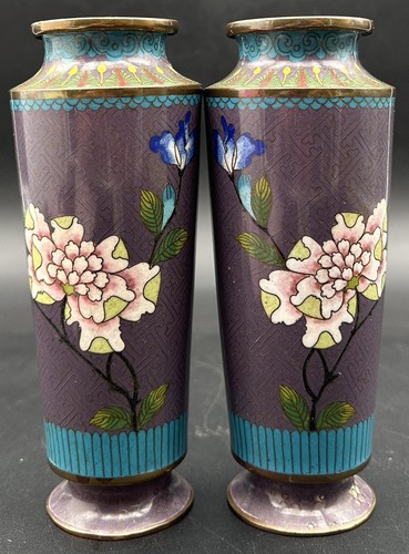 Par de jarrones Cloisonne morados con soportes de madera y certificado de antigüedad - Imagen 11 de 23
