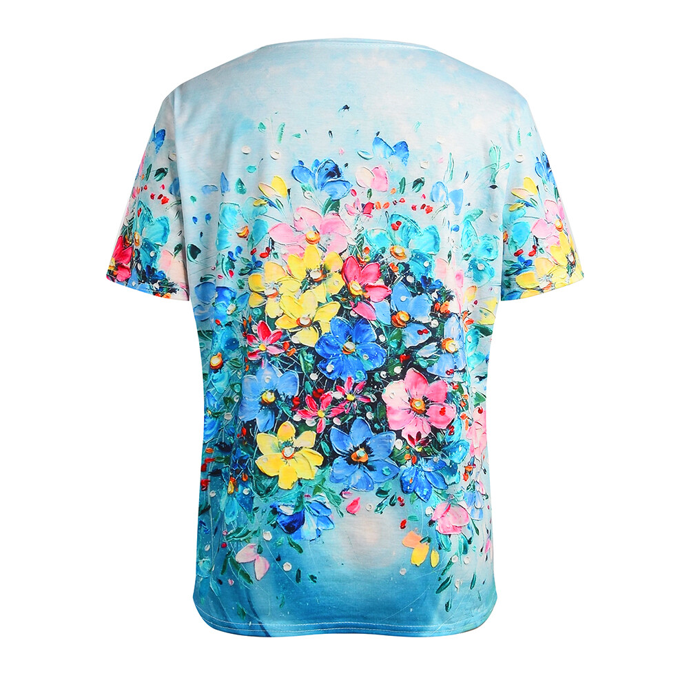Ladies Short Sleeve Floral Casual Round Neck Printed Tshirts Womens