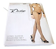 One Size (90-160lb) Fantasy Lingerie Long Sleeve Diamond Net Bodystocking