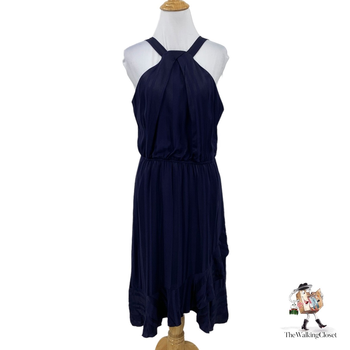 Lucy Paris Aniston Halter Dress Womens M Medium Navy Blue Tulip Ruffle Hem