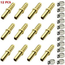 12PC - 1/8" Hose Barb Mender Union Splicer Brass Fitting Gas Fuel Water + CLAMPS