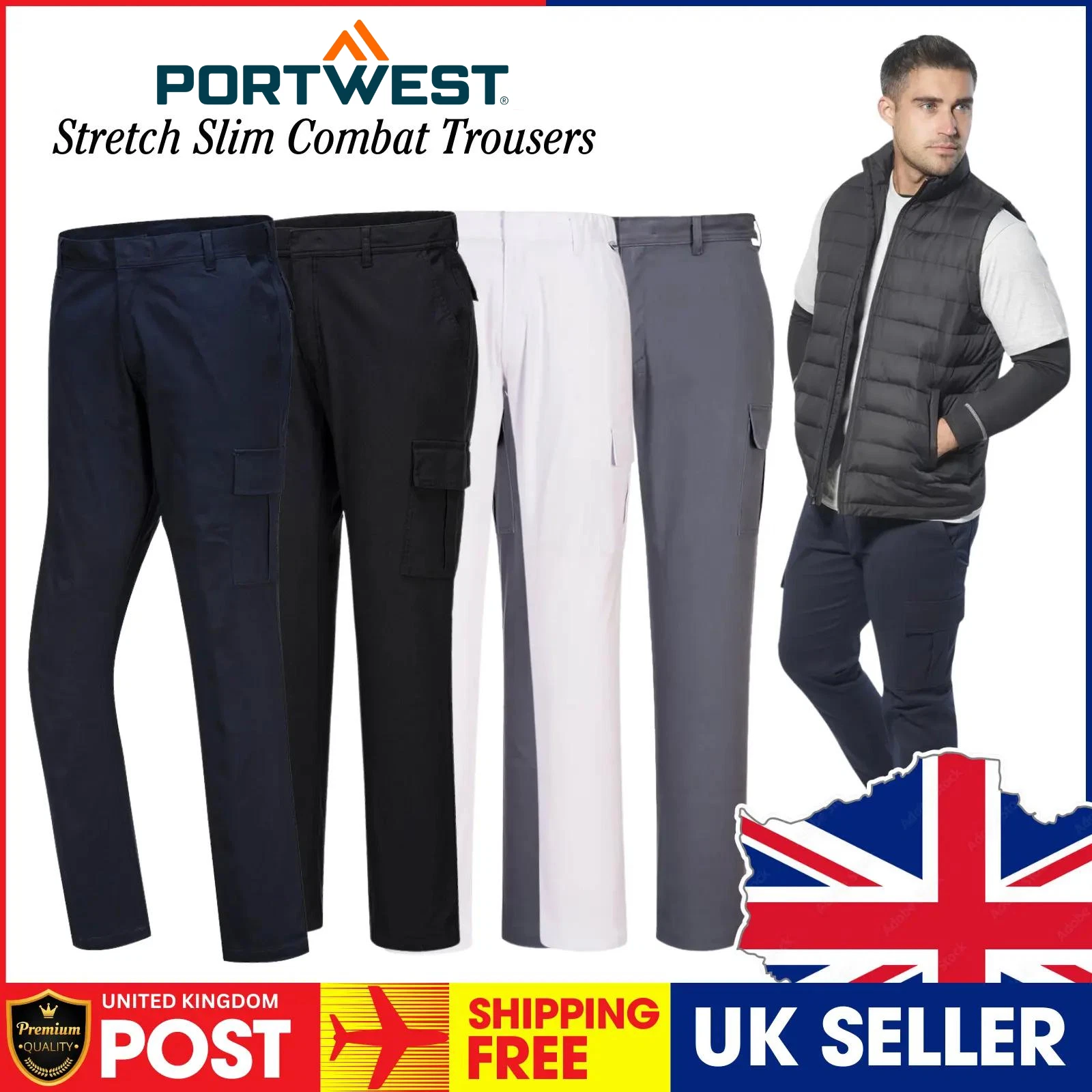 PORTWEST Stretch Slim Combat Trouser Stretch Cotton Safety Cargo Trousers Pants