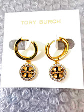 TORY BURCH WHITE CRYSTAL INLAID HOLLOWWORK GOLD LOGO Earrings