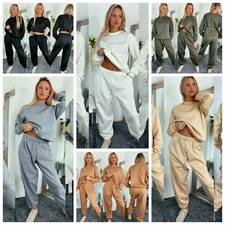 Womens Ladies Fleece Lined Jumper Cuffed Jogger Jogging Loungewear Tracksuit Set