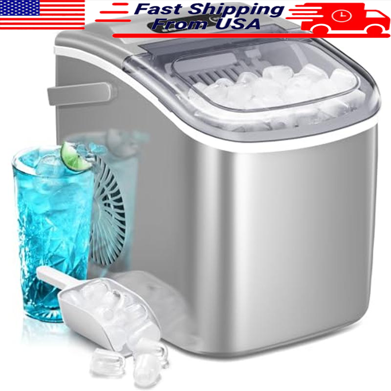 Portable Self-Cleaning Ice Maker 26lbs/24H Bullet-shaped Ice Cubes Grey New